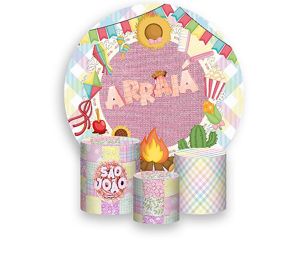 Painel De Festa Redondo 1,50 x 1,50 + Trio De Capas Cilindro - Arraiá Xadrez Rosa 008
