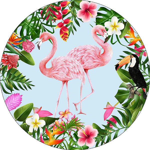 Painel De Festa Redondo 1,50x1,50 - Tropical Flamingos Vegetação 017