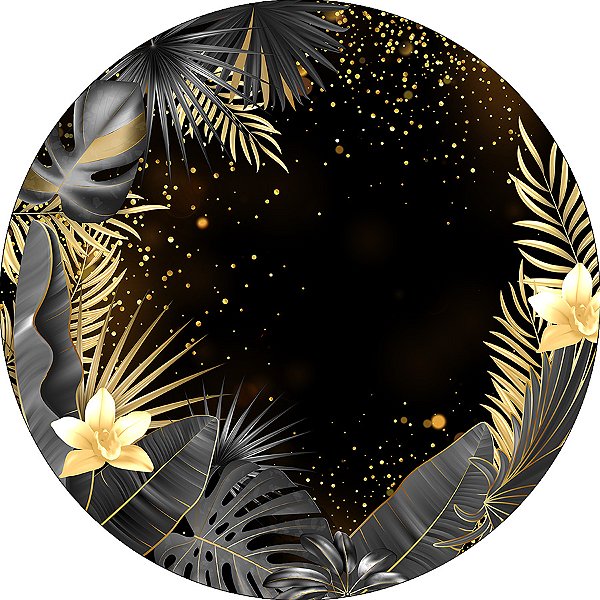 Painel De Festa Redondo 1,50x1,50 - Folhas Tropical Preto e Dourado 018