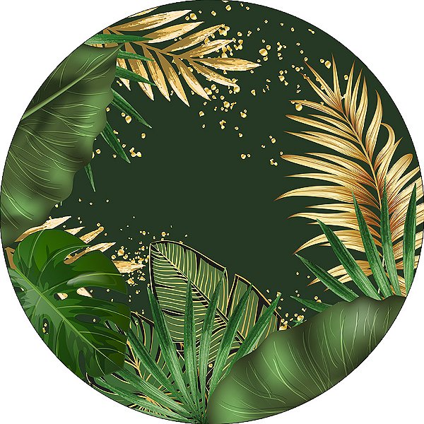 Painel De Festa Redondo 1,50x1,50 - Folhas Tropical Verde e Dourado 019