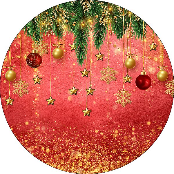Painel De Festa Redondo 1,50x1,50 - Natal Vermelho com Folhagens 021