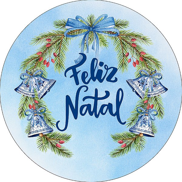 Painel De Festa Redondo 1,50x1,50 - Feliz Natal Azul com Folhagens 031