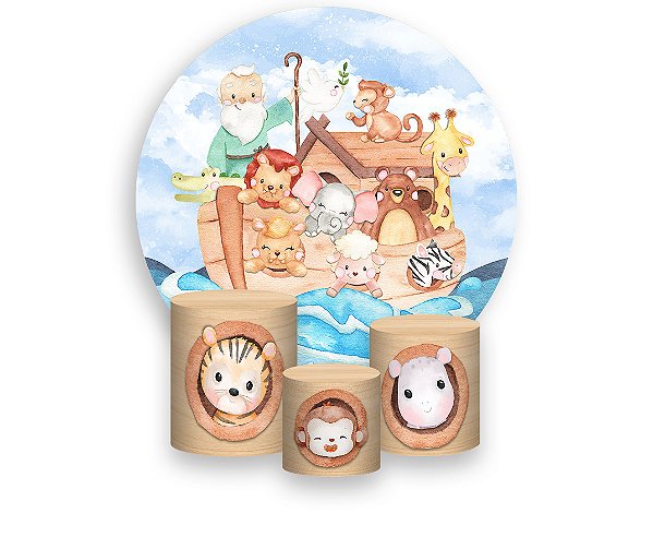 Painel De Festa Redondo 1,50 x 1,50 + Trio De Capas Cilindro -  Arca de Noé Cute 004