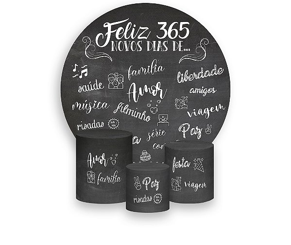 Painel De Festa Redondo 1,50 x 1,50 + Trio De Capas Cilindro - Ano Novo Chalkboard 002