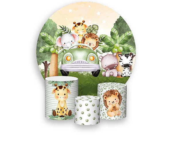 Painel De Festa Redondo 1,50 x 1,50 + Trio De Capas Cilindro - Safari Cute Baby 014