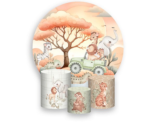Painel De Festa Redondo 1,50 x 1,50 + Trio De Capas Cilindro - Safari Aquarela Tons Pastéis 056