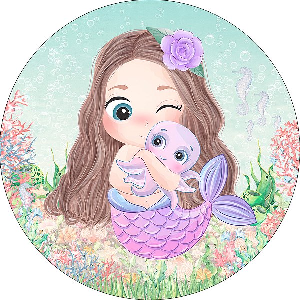 Painel De Festa Redondo 1,50x1,50 - Sereia Baby Cute 009