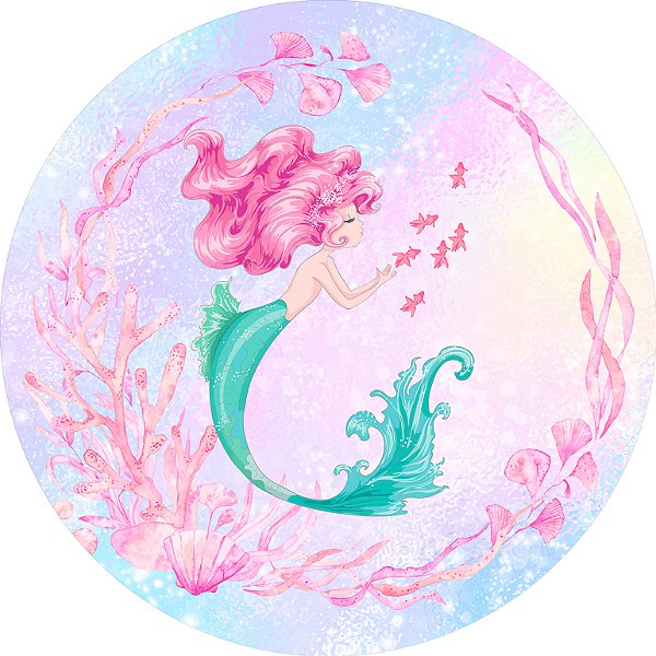 Painel De Festa Redondo 1,50x1,50 - Sereia Corais Rosa 010