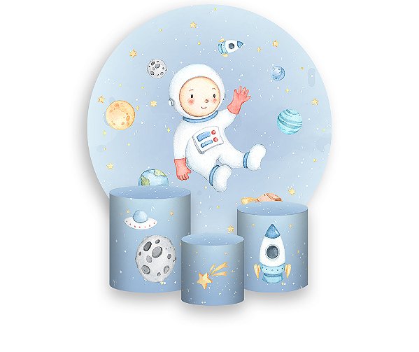 Painel De Festa Redondo 1,50 x 1,50 + Trio De Capas Cilindro - Pequeno Astronauta Azul Claro 010