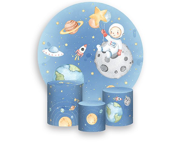 Painel De Festa Redondo 1,50 x 1,50 + Trio De Capas Cilindro - Pequeno Astronauta Aquarela 011