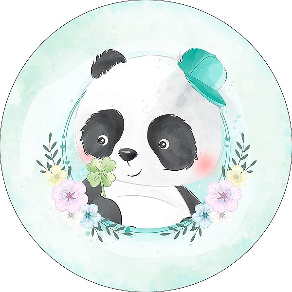 Painel De Festa Redondo 1,50x1,50 - Panda Verde Aquarelado 001