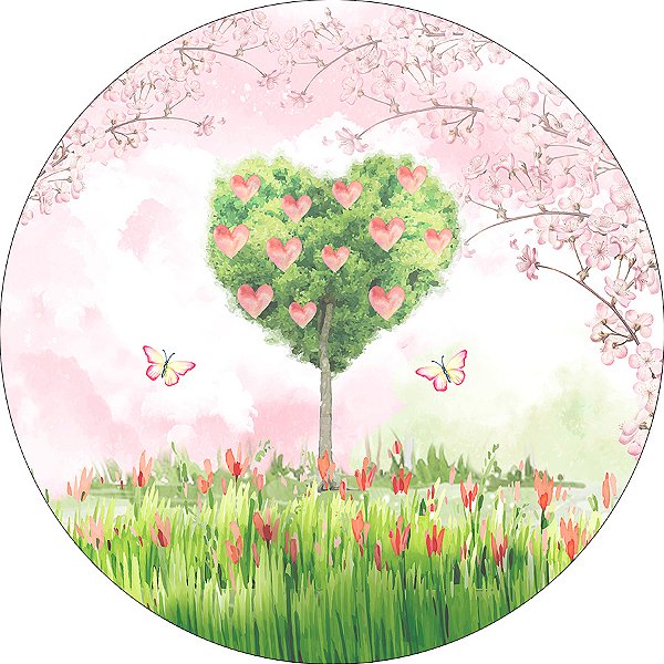 Painel De Festa Redondo 1,50x1,50 - Jardim Árvore de Coração 005