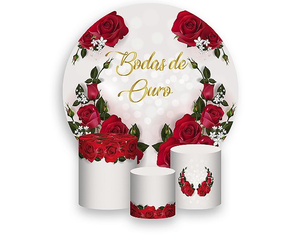 Painel De Festa Redondo 1,50 x 1,50 + Trio De Capas Cilindro - Bodas de Ouro Rosas Vermelhas 002