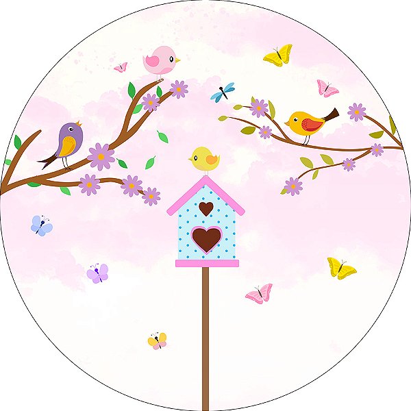 Painel De Festa Redondo 1,50x1,50 - Jardim Passáros Rosa Suave 015