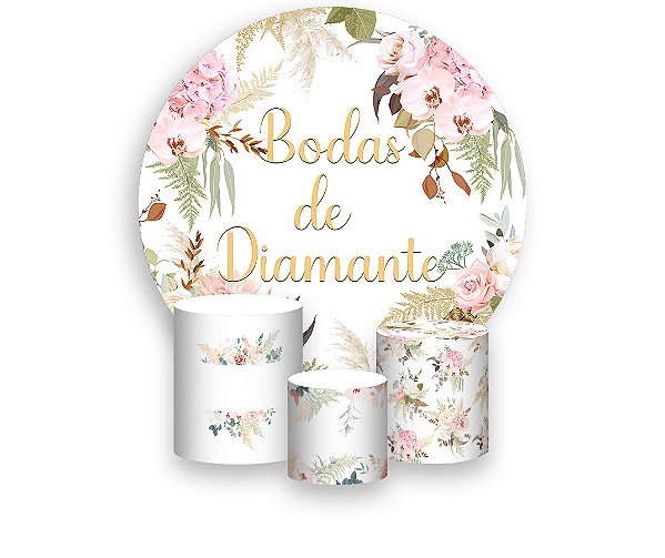 Painel De Festa Redondo 1,50 x 1,50 + Trio De Capas Cilindro - Flores Bodas de Diamante Elegante 022