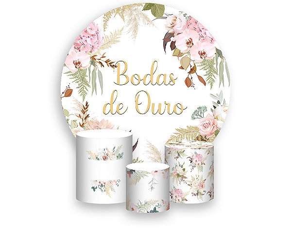 Painel De Festa Redondo 1,50 x 1,50 + Trio De Capas Cilindro - Flores Bodas de Ouro Elegante 024