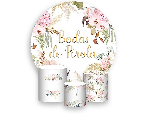 Painel De Festa Redondo 1,50 x 1,50 + Trio De Capas Cilindro - Flores Bodas de Pérola Elegante 025