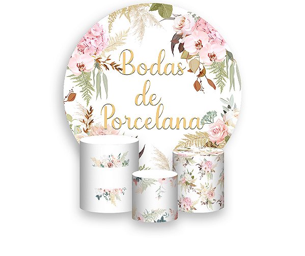 Painel De Festa Redondo 1,50 x 1,50 + Trio De Capas Cilindro - Flores Bodas de Porcelana Elegante 026