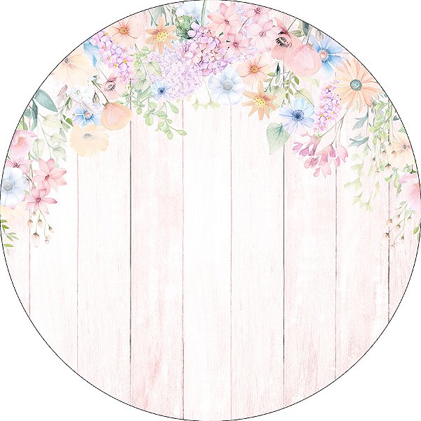 Painel De Festa Redondo 1,50x1,50 - Flores Fundo Efeito Madeira 050