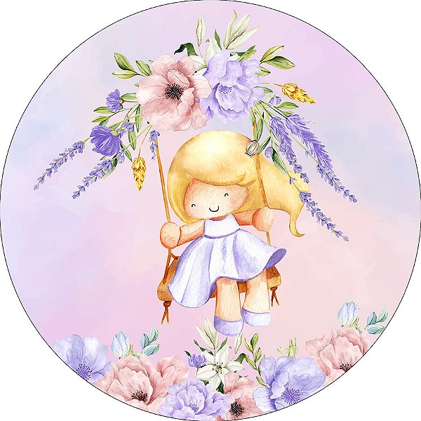 Painel De Festa Redondo 1,50x1,50 - Menina no Balanço Jardim Floral 057
