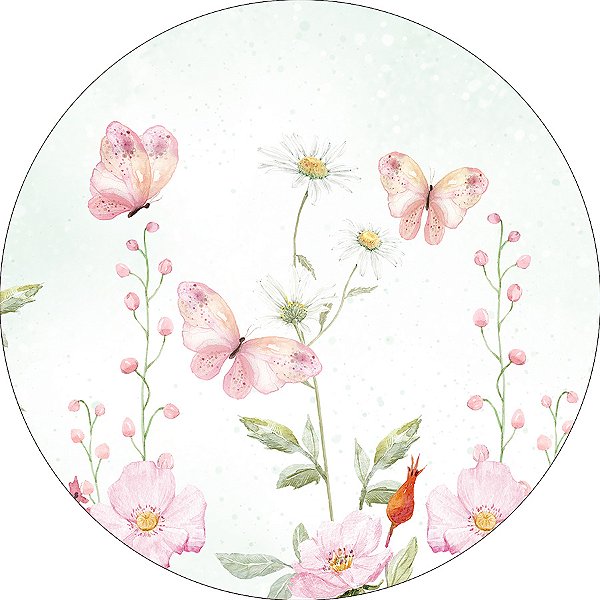 Painel De Festa Redondo 1,50x1,50 - Jardim Rosa e Verde Aquarela 058