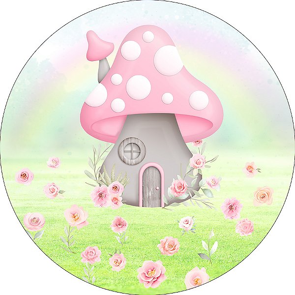 Painel De Festa Redondo 1,50x1,50 - Jardim com Cogumelos Cute 062