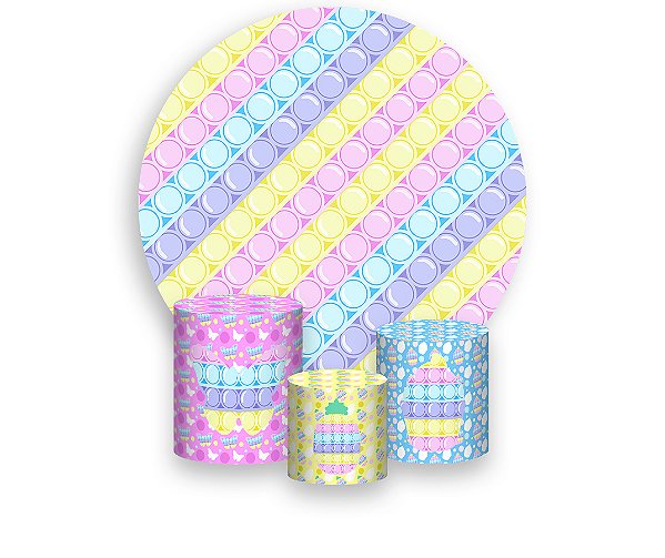 Painel De Festa Redondo 1,50 x 1,50 + Trio De Capas Cilindro - Brinquedo Pop It Candy 014