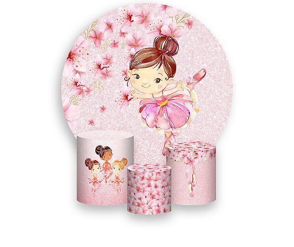 Painel De Festa Redondo 1,50 x 1,50 + Trio De Capas Cilindro - Bailarina Aquarela com Flores 013