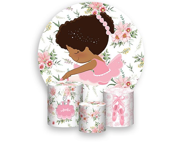 Painel De Festa Redondo 1,50 x 1,50 + Trio De Capas Cilindro - Baby Bailarina Floral 015