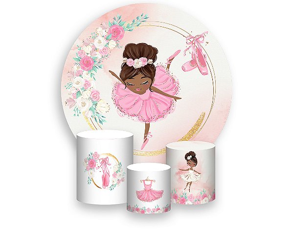Painel De Festa Redondo 1,50 x 1,50 + Trio De Capas Cilindro - Bailarina Balé Elegante 018