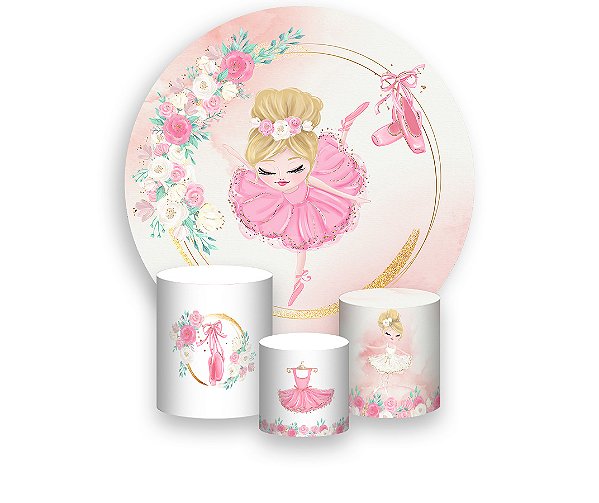 Painel De Festa Redondo 1,50 x 1,50 + Trio De Capas Cilindro - Bailarina Loira Balé Elegante 019