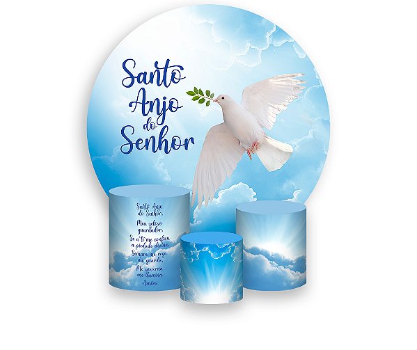 Painel De Festa Redondo 1,50 x 1,50 + Trio De Capas Cilindro - Batizado Azul Santo Anjo 019