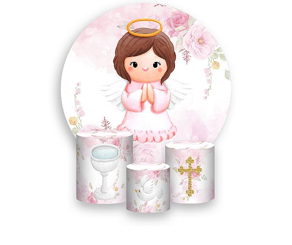 Painel De Festa Redondo 1,50 x 1,50 + Trio De Capas Cilindro - Anjinha Morena Flores Rosa 024