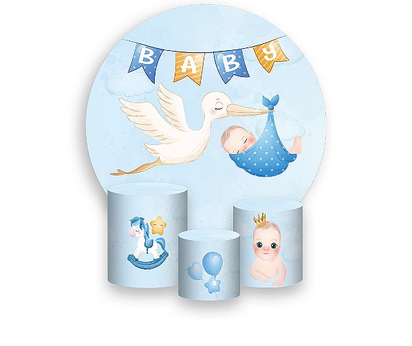 Painel De Festa Redondo 1,50 x 1,50 + Trio De Capas Cilindro - Chá de Bebê Cegonha com Menino Azul 006