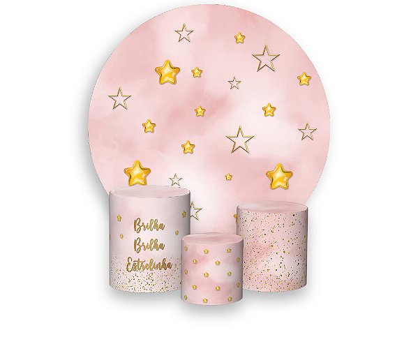 Painel De Festa Redondo 1,50 x 1,50 + Trio De Capas Cilindro -  Brilha Brilha Estrelinha Rosa Chá de Bebê 007