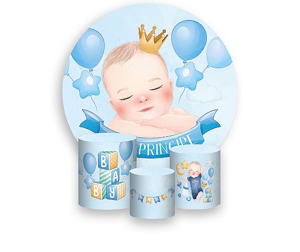 Painel De Festa Redondo 1,50 x 1,50 + Trio De Capas Cilindro - Chá de Bebê Menino Azul Clarinho 011