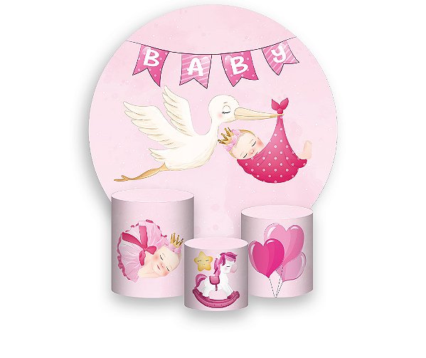 Painel De Festa Redondo 1,50 x 1,50 + Trio De Capas Cilindro - Chá de Bebê Cegonha Menina Rosa 012
