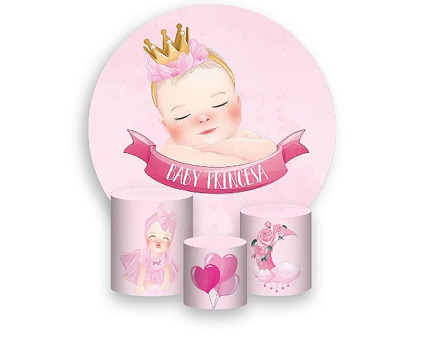 Painel De Festa Redondo 1,50 x 1,50 + Trio De Capas Cilindro - Chá de Bebê Menina Rosa 013
