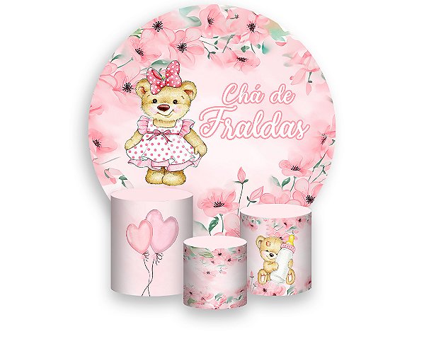 Painel De Festa Redondo 1,50 x 1,50 + Trio De Capas Cilindro - Chá de Fraldas Ursinha Rosa 046