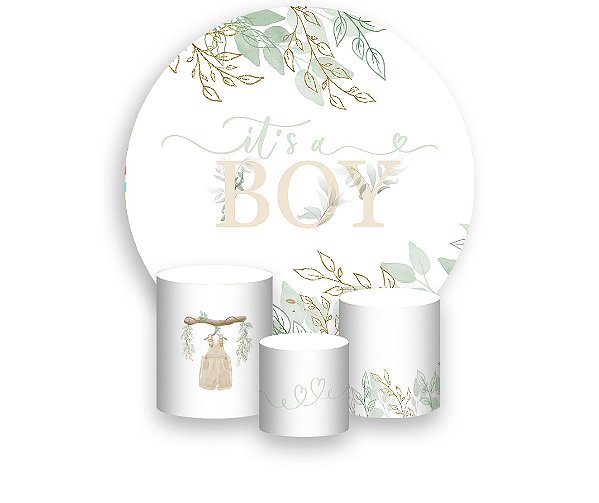 Painel De Festa Redondo 1,50 x 1,50 + Trio De Capas Cilindro - Chá de Bebê It's a Boy Floral Verde 062