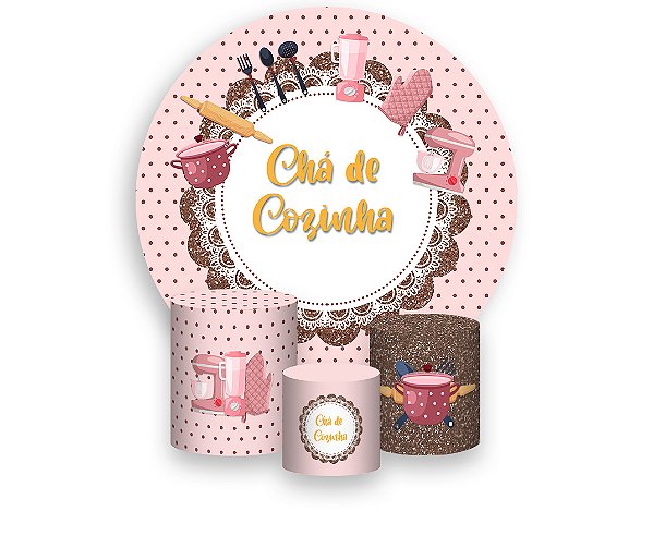 Painel De Festa Redondo 1,50 x 1,50 + Trio De Capas Cilindro - Chá de Cozinha Rosado 001