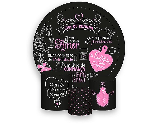 Painel De Festa Redondo 1,50 x 1,50 + Trio De Capas Cilindro - Chá de Cozinha ChalkBoard Rosa 007