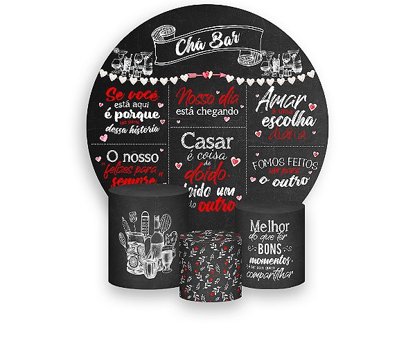 Painel De Festa Redondo 1,50 x 1,50 + Trio De Capas Cilindro - Chalkboard Chá Bar Vermelho 009