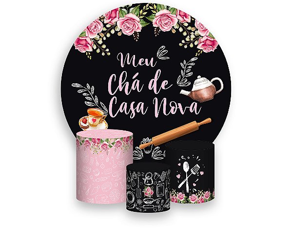 Painel De Festa Redondo 1,50 x 1,50 + Trio De Capas Cilindro - Meu Chá de Casa Nova Flores Rosa 014