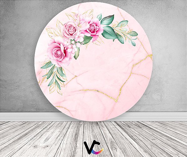 Painel De Festa Redondo 1,50x1,50 - Efeito Mármorizado Rosa Floral 148