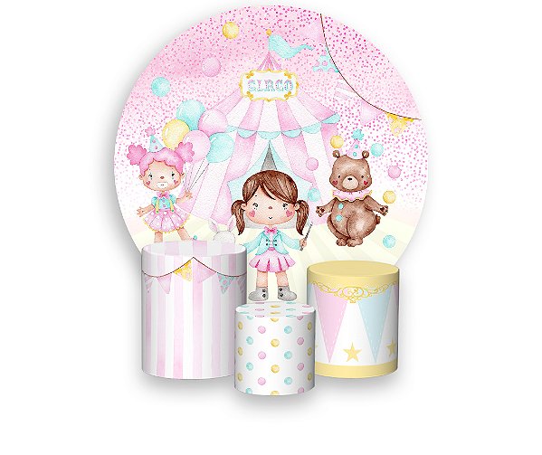 Painel De Festa Redondo 1,50 x 1,50 + Trio De Capas Cilindro - Circo Rosa Bolinhas 002