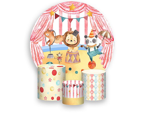 Painel De Festa Redondo 1,50 x 1,50 + Trio De Capas Cilindro - Animais Circo Vermelho e Amarelo 008