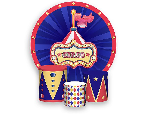 Painel De Festa Redondo 1,50 x 1,50 + Trio De Capas Cilindro - Circo Azul e Vermelho Tradicional 025