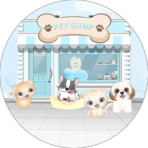 Painel De Festa Redondo 1,50x1,50 - Cachorrinhos Pet Shop Azul 006