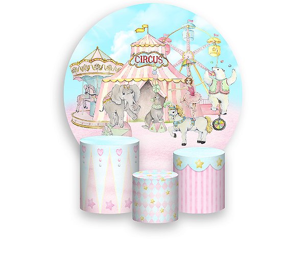 Painel De Festa Redondo 1,50 x 1,50 + Trio De Capas Cilindro - Circo Clássico Rosa 027